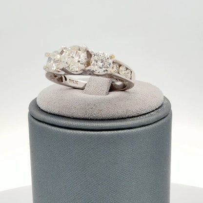 14K White Gold 2.89ctw Three Stone Diamond Engagement Ring w/ Accent Diamonds