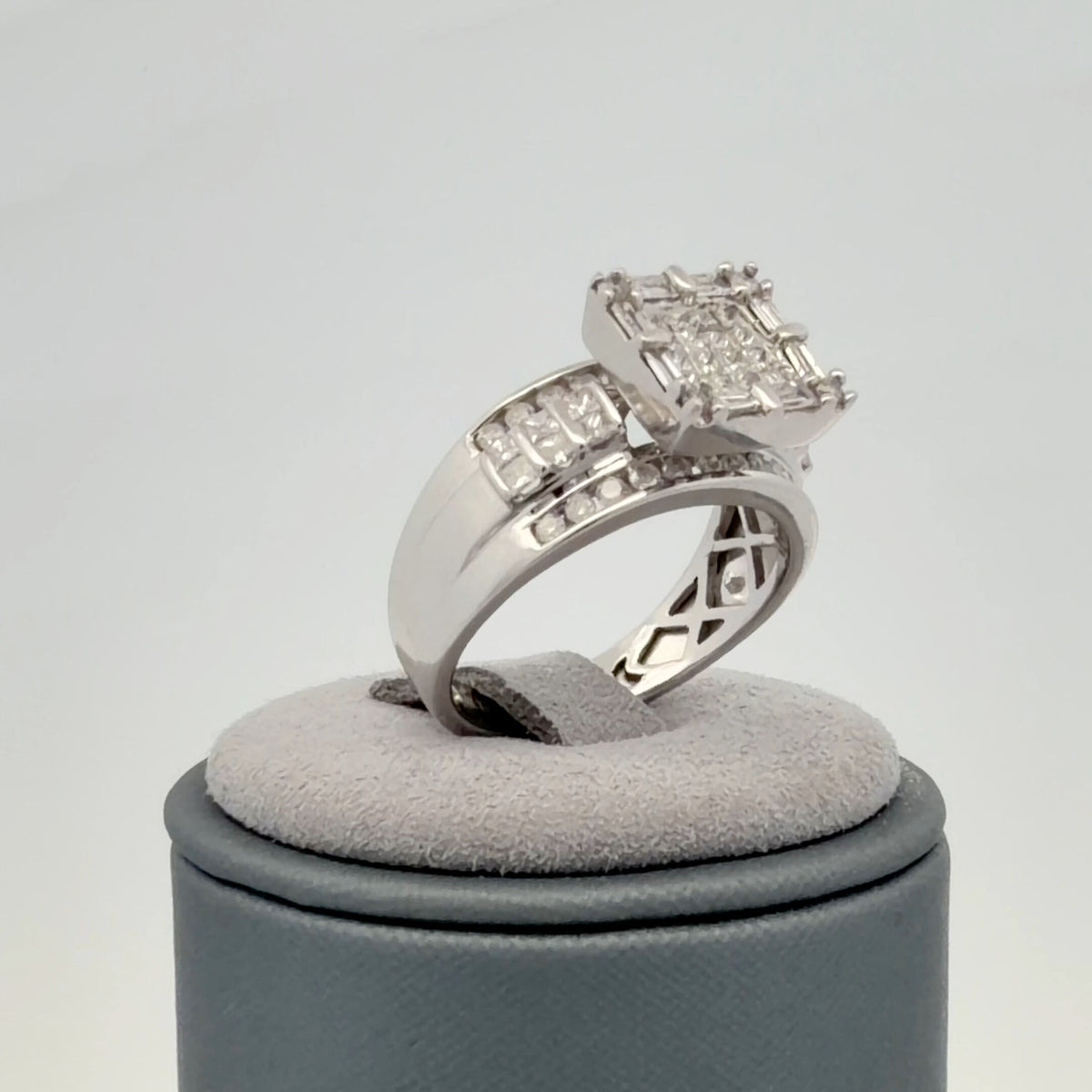 14K White Gold 1.10ctw Diamond Cluster Ring, Princess, Round & Baguette