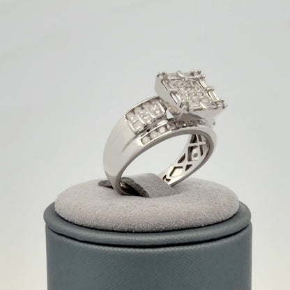 14K White Gold 1.10ctw Diamond Cluster Ring, Princess, Round & Baguette