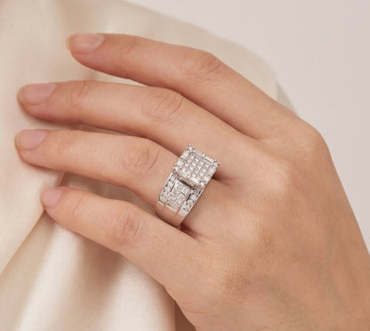 14K White Gold 1.10ctw Diamond Cluster Ring, Princess, Round & Baguette