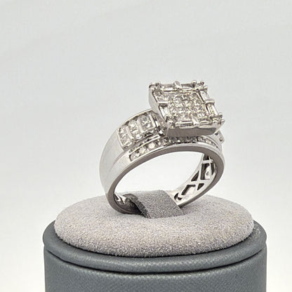 14K White Gold 1.10ctw Diamond Cluster Ring, Princess, Round & Baguette