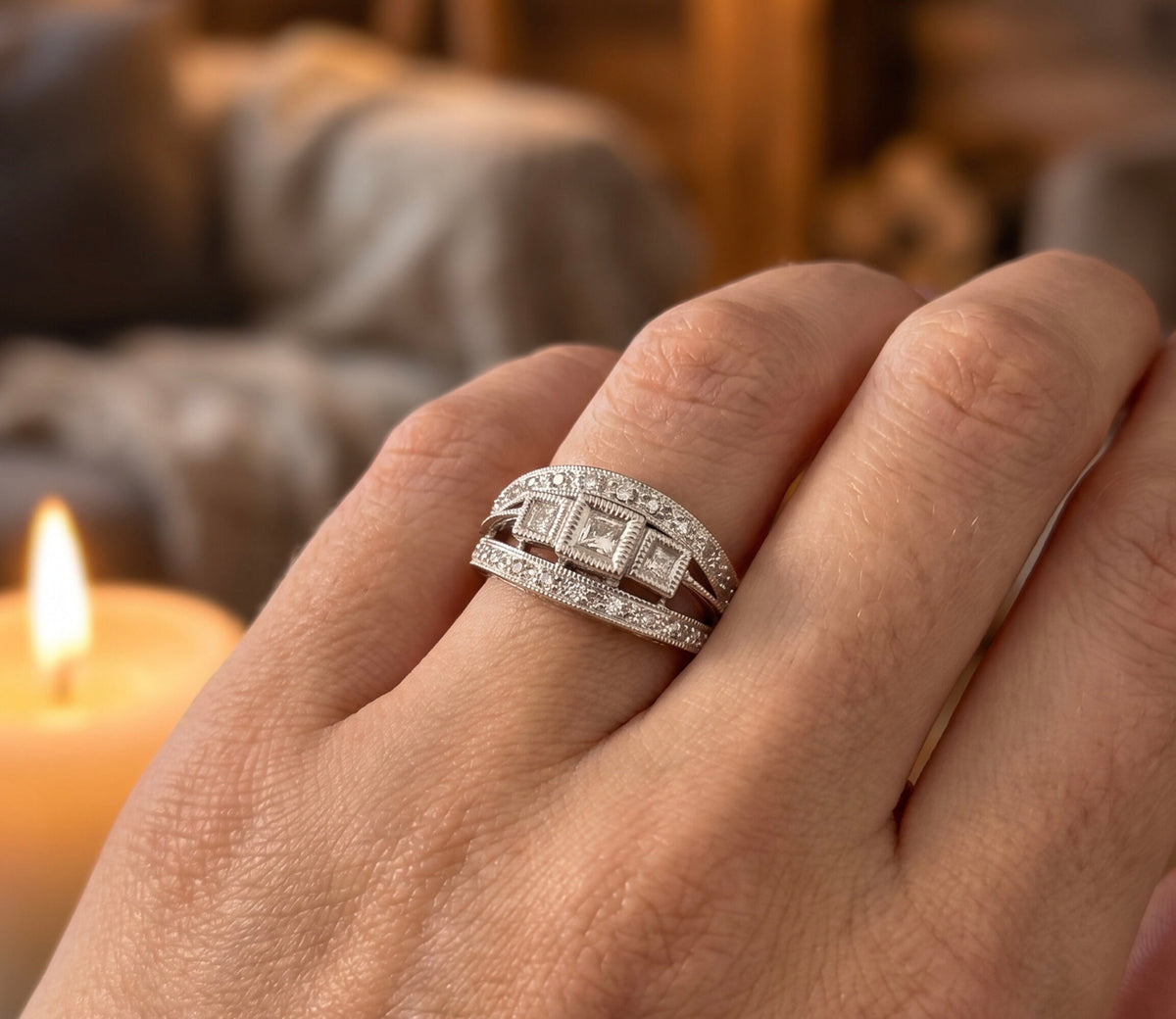 10K White Gold 0.64ctw Three Stone Bezel-set Diamond Cube Ring Statement Ring