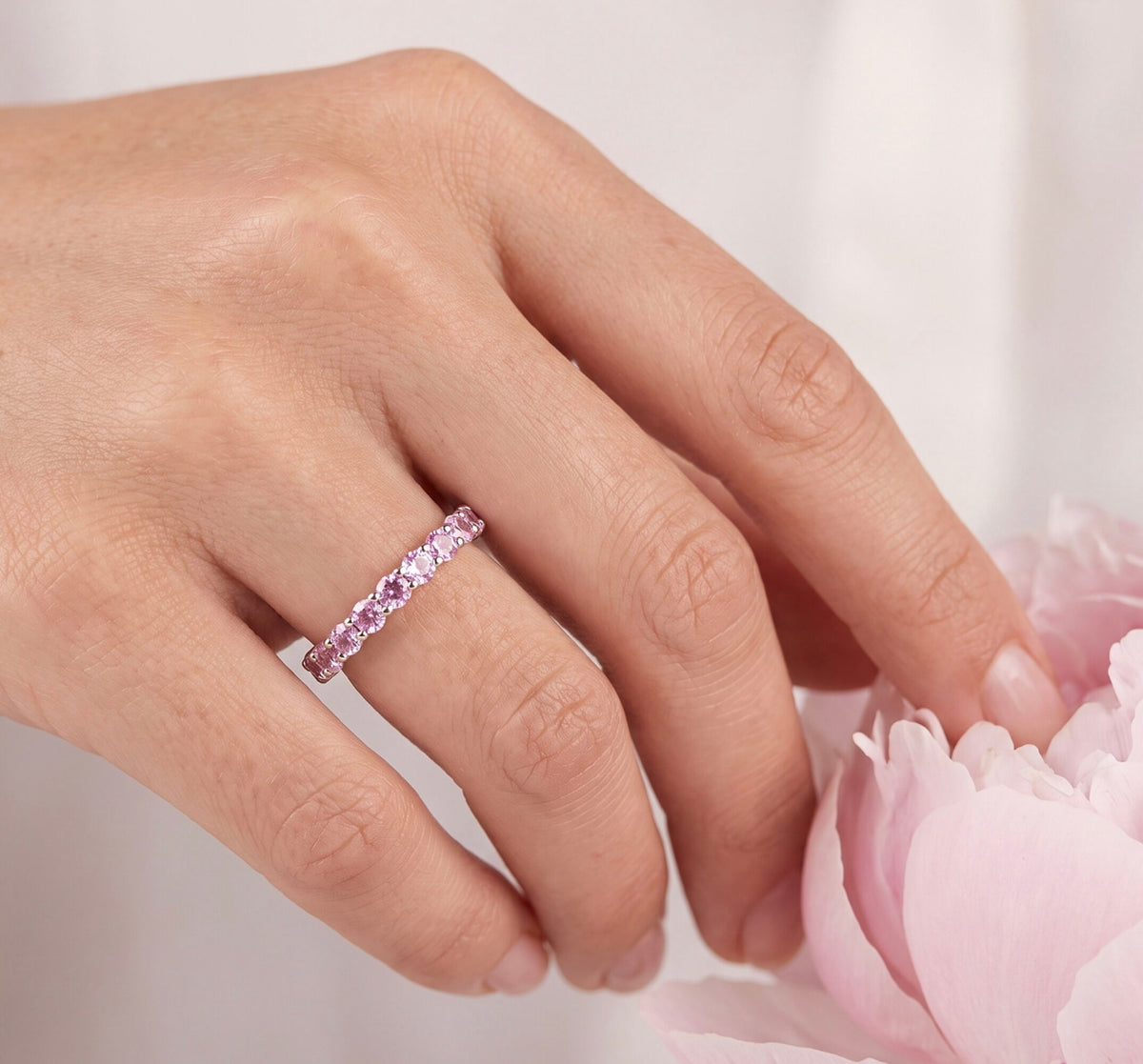 14K White Gold Synthetic Pink Sapphire Eternity Band 1.78 CTW Round Size 4
