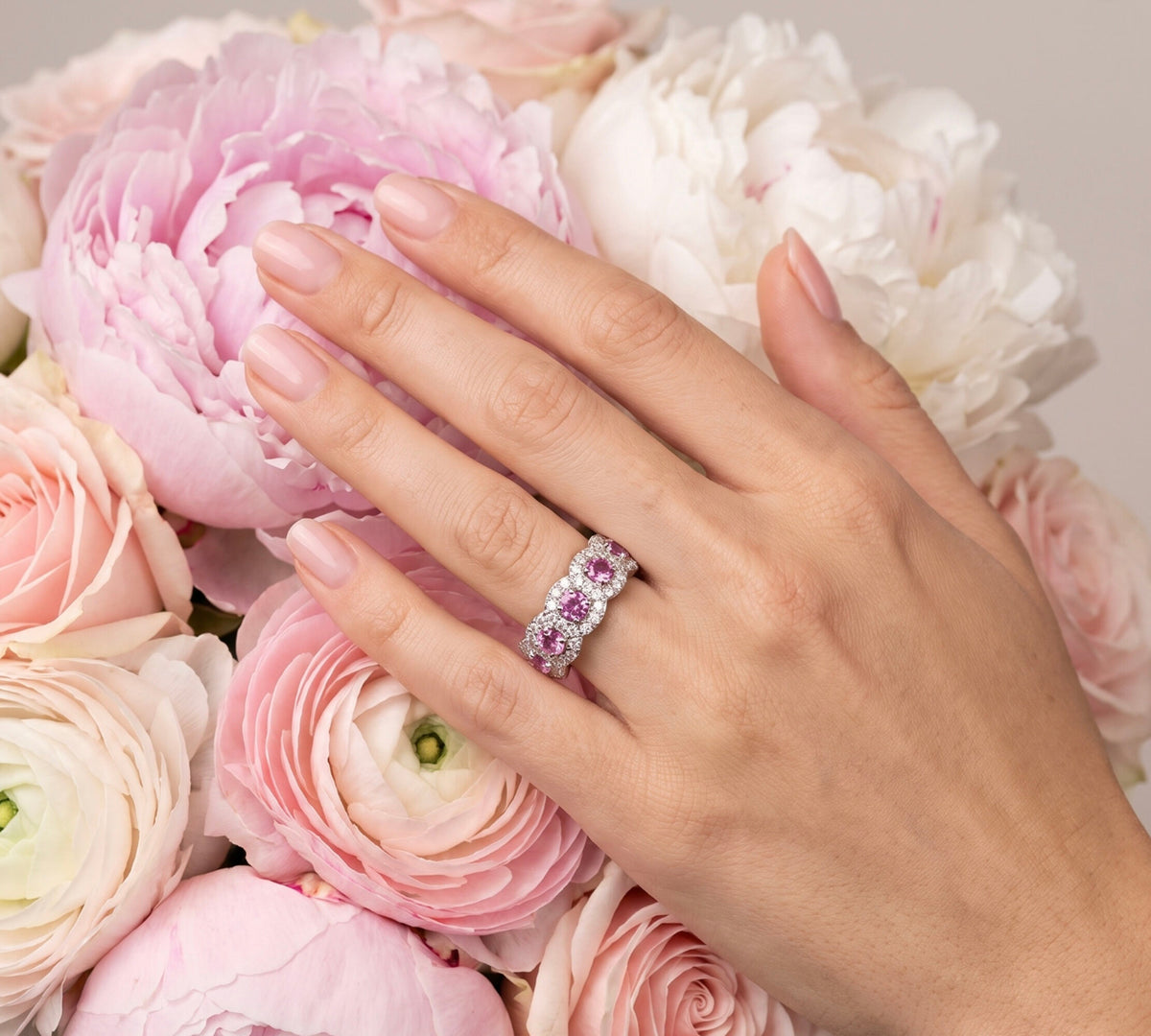 14K White Gold 1.35ctw Synthetic Pink Sapphire & Lab Grown Diamond Band