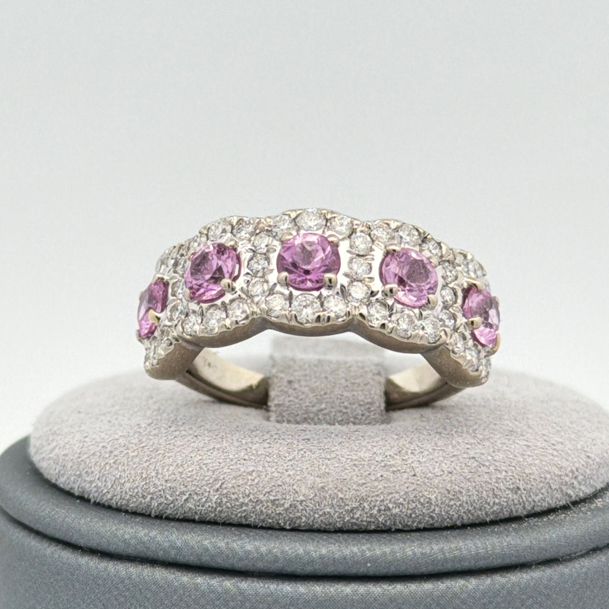 14K White Gold 1.35ctw Synthetic Pink Sapphire & Lab Grown Diamond Band