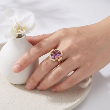 14K Yellow Gold Ametrine & Diamond Cocktail Ring, 10.27 CTW Modern Art
