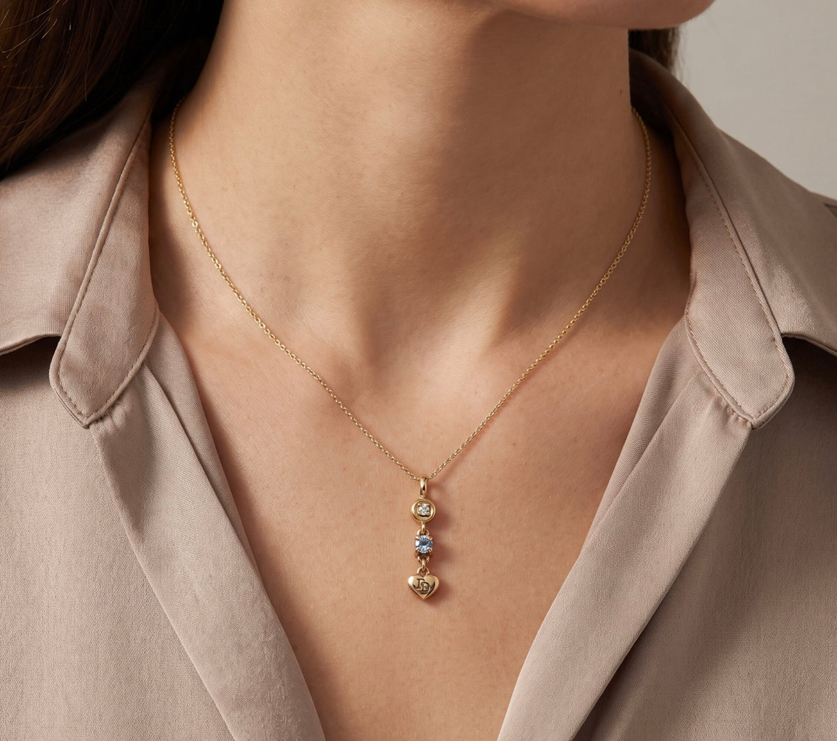 14K Yellow Gold Multi Stone Pendant / Charm Diamond & Aquamarine 0.01 CTW