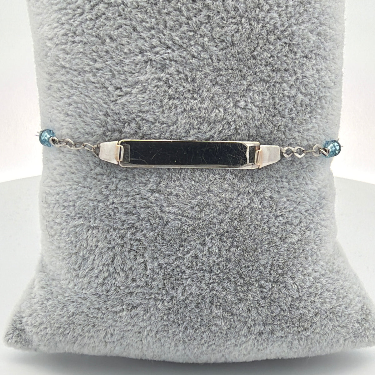14K White Gold Aquamarine Bead-Accented ID Bracelet, Delicate Style, 6.5"