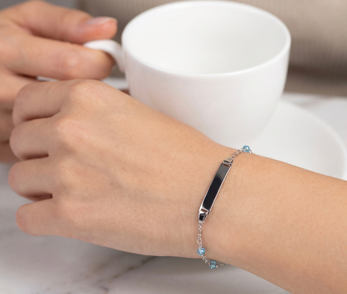 14K White Gold Aquamarine Bead-Accented ID Bracelet, Delicate Style, 6.5"