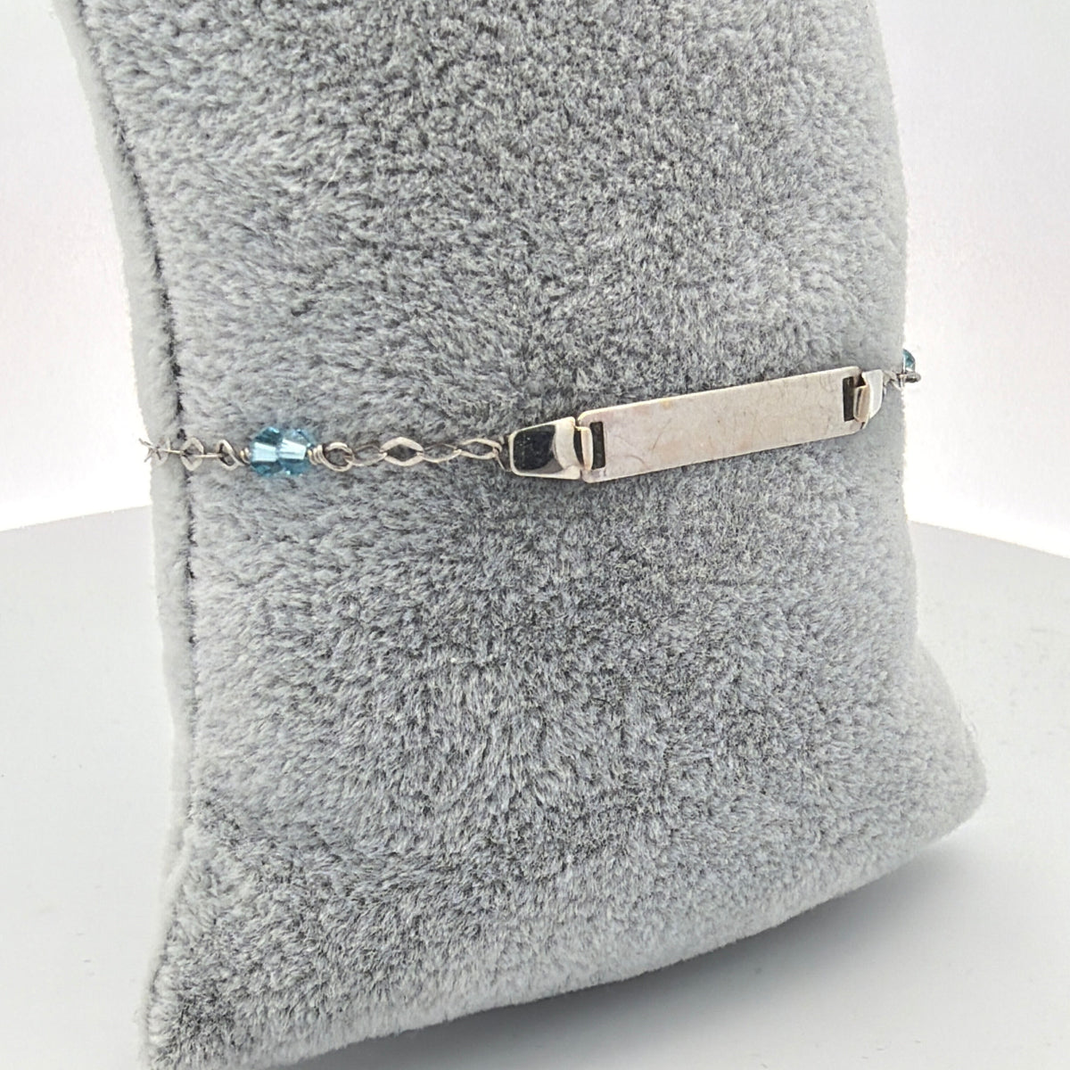 14K White Gold Aquamarine Bead-Accented ID Bracelet, Delicate Style, 6.5"