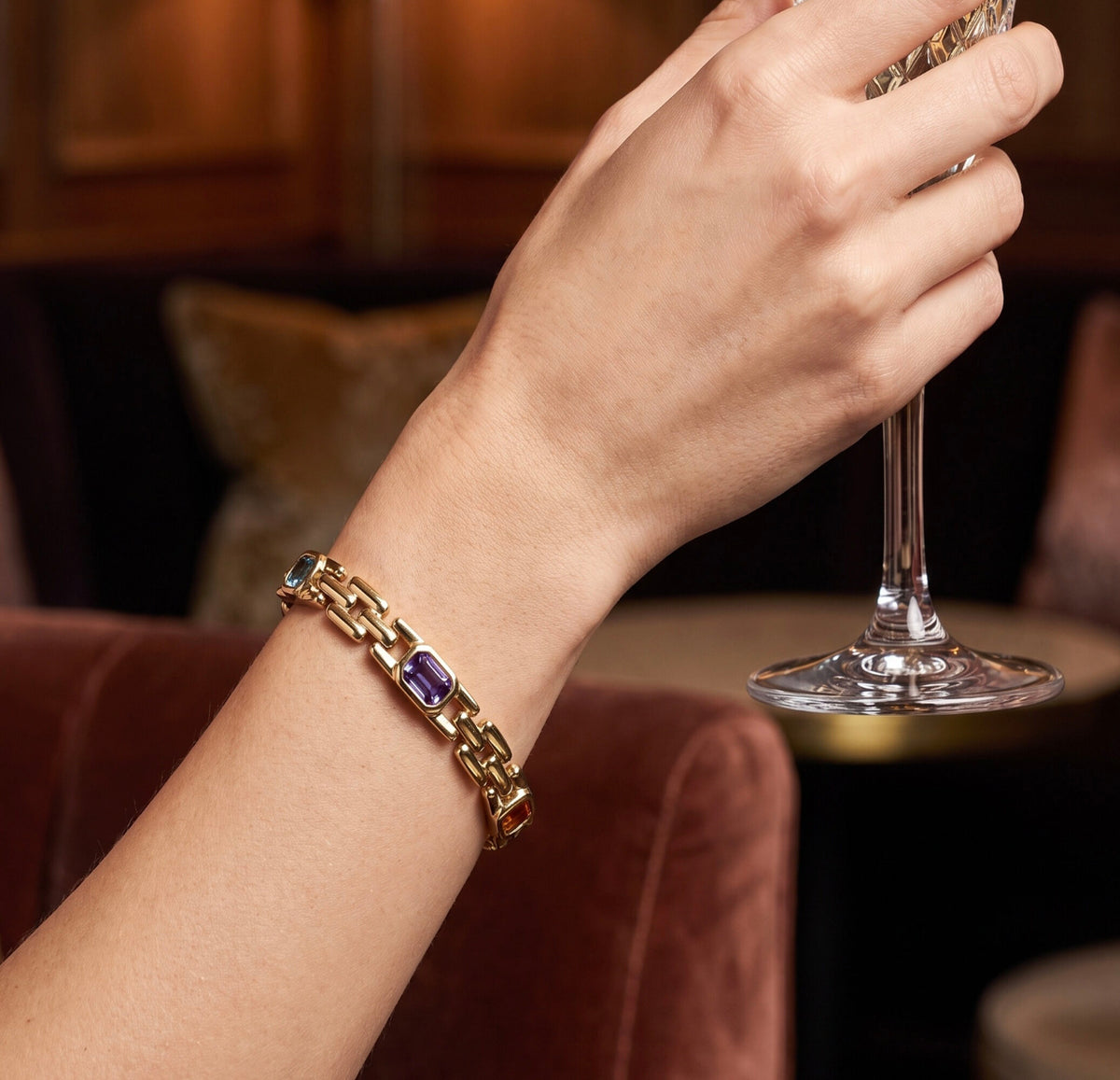 14K Yellow Gold Colored Stone Station Bracelet, Delicate 7in, 4.29 CTW