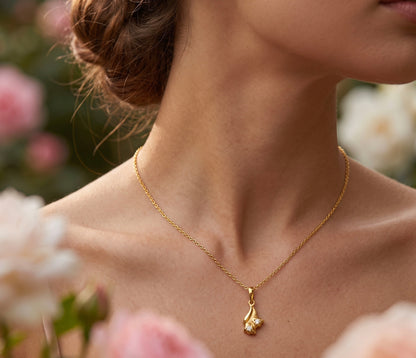 Dior 18K Yellow Gold Vintage Diamond Flower Pendant Necklace 0.02 Ct Diamond