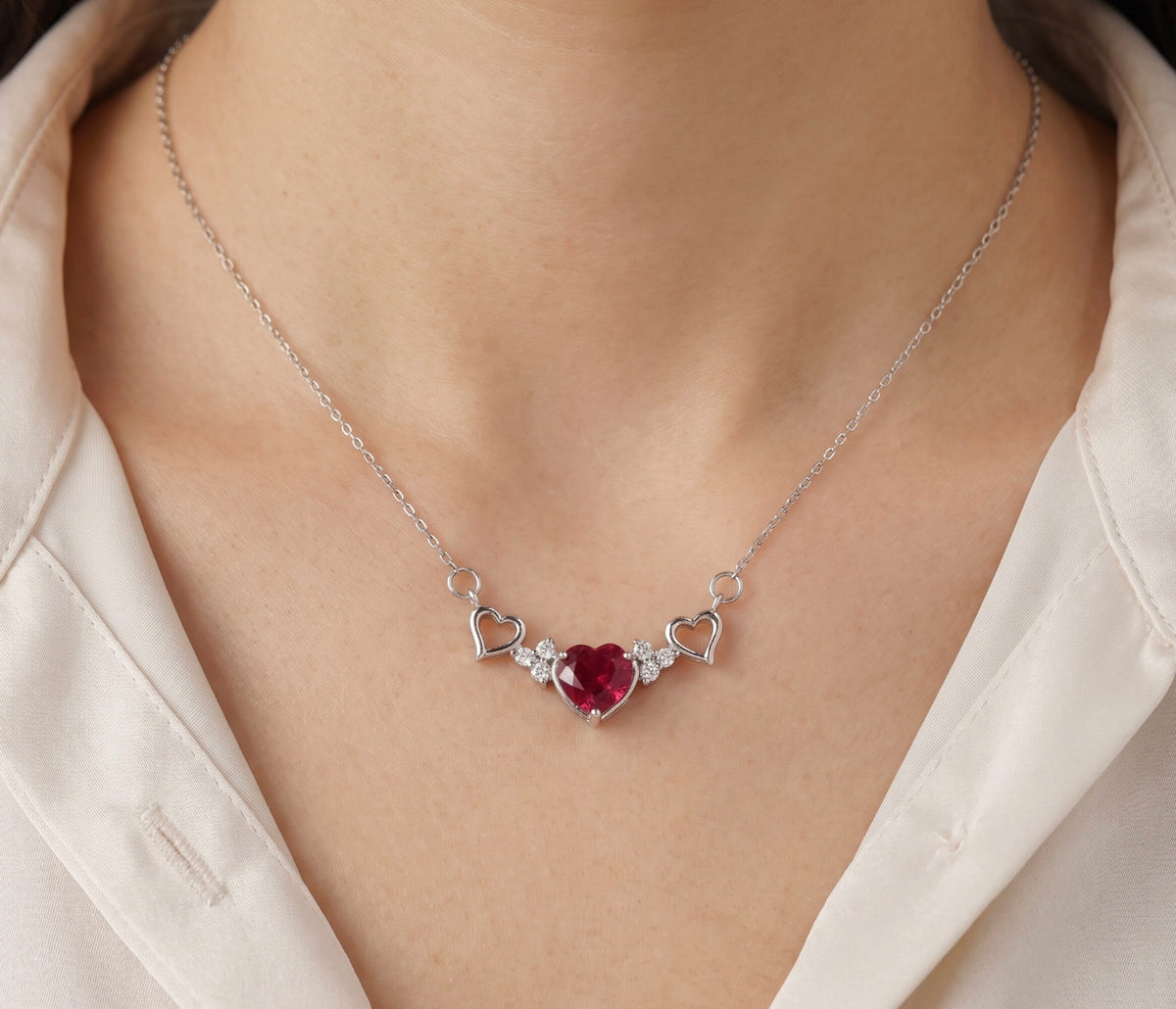 18K White Gold Ruby & Diamond Heart Bar Necklace 0.05 CTW Dainty Pendant