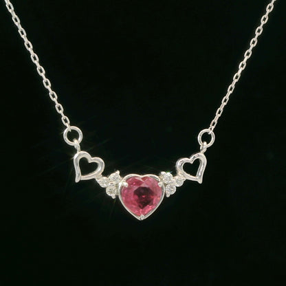 18K White Gold Ruby & Diamond Heart Bar Necklace 0.05 CTW Dainty Pendant
