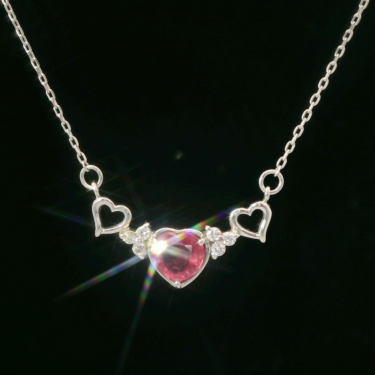18K White Gold Ruby & Diamond Heart Bar Necklace 0.05 CTW Dainty Pendant