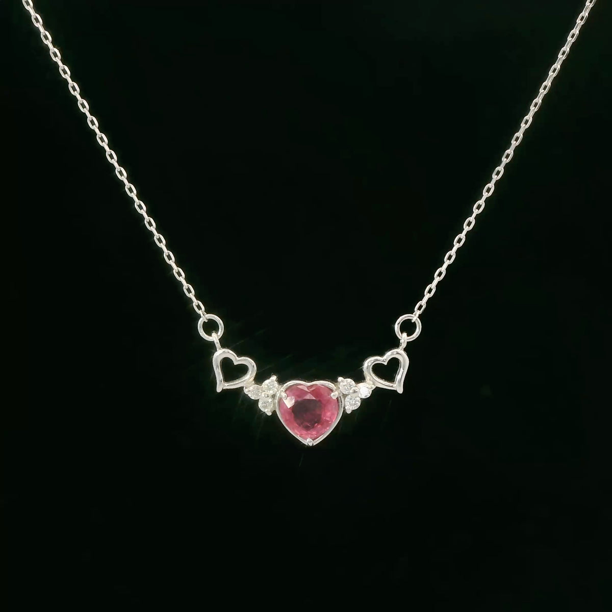18K White Gold Ruby & Diamond Heart Bar Necklace 0.05 CTW Dainty Pendant