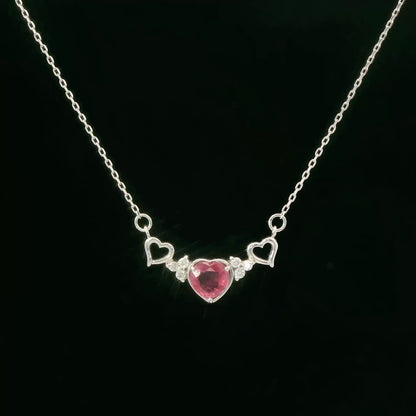 18K White Gold Ruby & Diamond Heart Bar Necklace 0.05 CTW Dainty Pendant