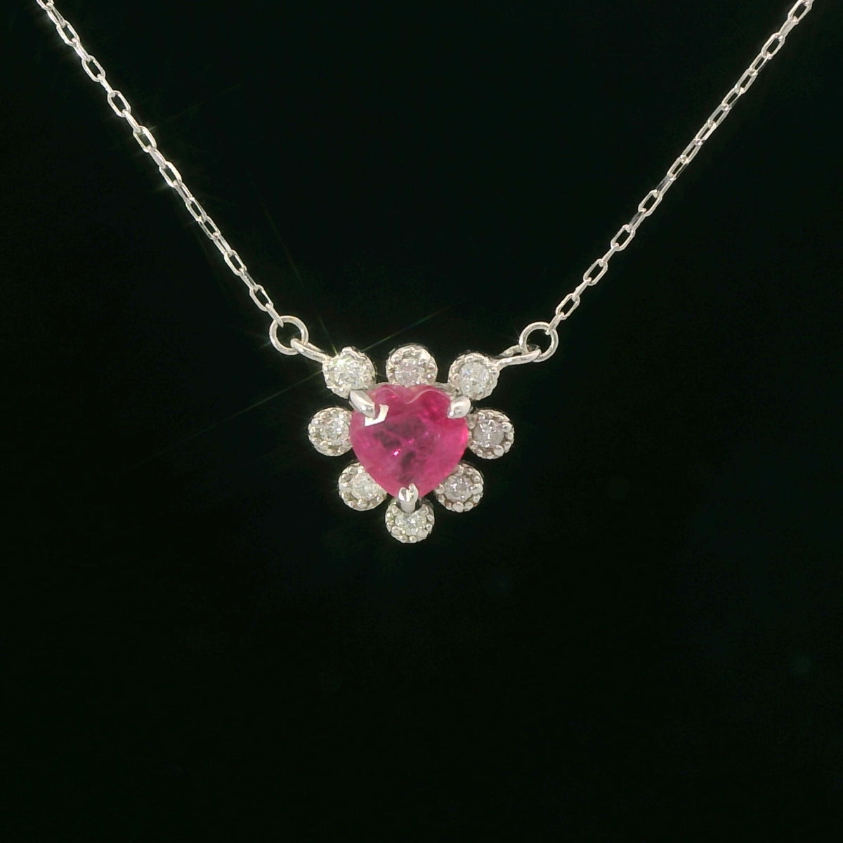 18K White Gold Ruby & Diamond Dainty Heart Halo Pendant Necklace 0.46 CTW
