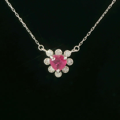 18K White Gold Ruby & Diamond Dainty Heart Halo Pendant Necklace 0.46 CTW