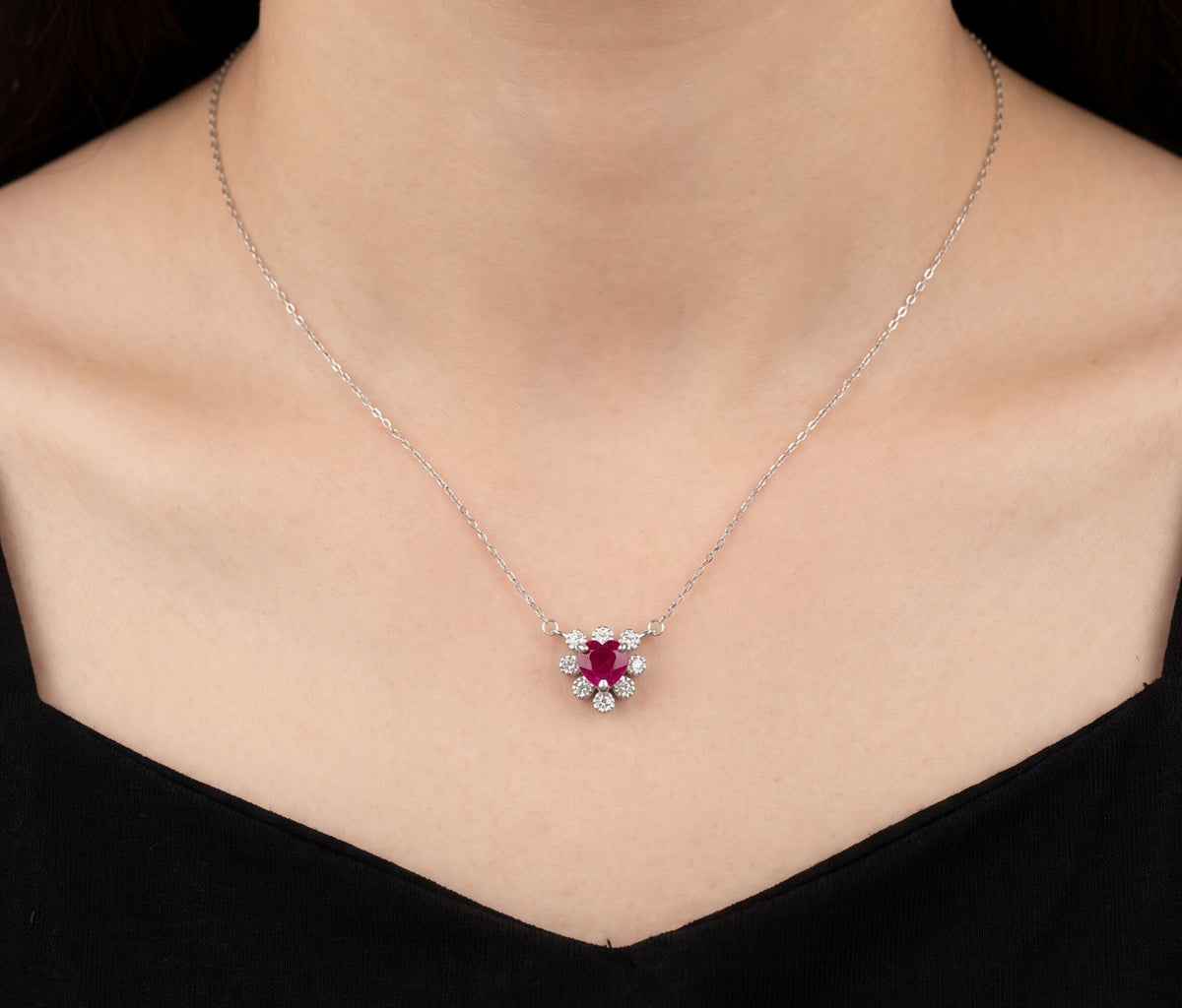 18K White Gold Ruby & Diamond Dainty Heart Halo Pendant Necklace 0.46 CTW