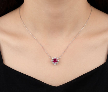 18K White Gold Ruby & Diamond Dainty Heart Halo Pendant Necklace 0.46 CTW