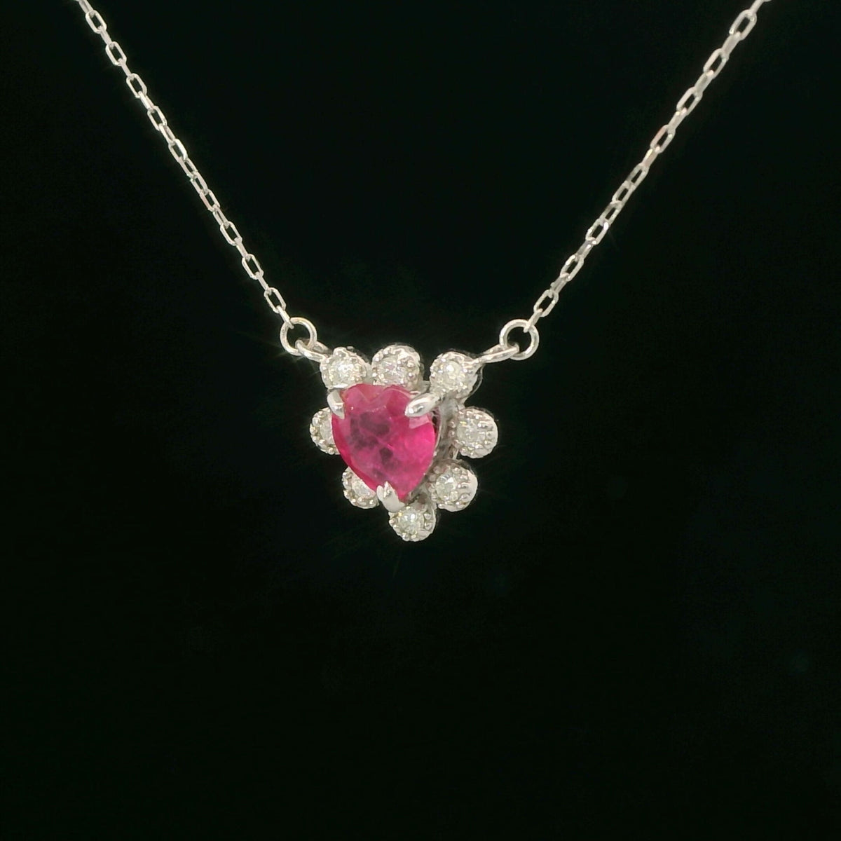 18K White Gold Ruby & Diamond Dainty Heart Halo Pendant Necklace 0.46 CTW
