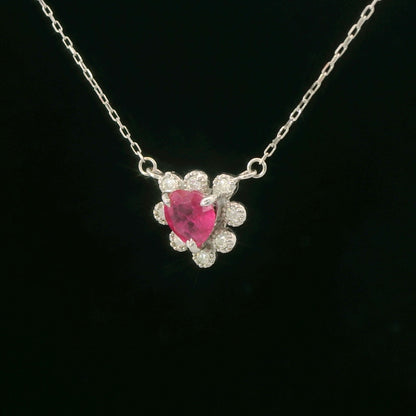 18K White Gold Ruby & Diamond Dainty Heart Halo Pendant Necklace 0.46 CTW