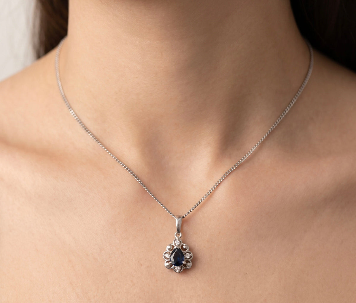Platinum Sapphire & Diamond Pendant Necklace 0.04 CTW Mini Round Blue Halo
