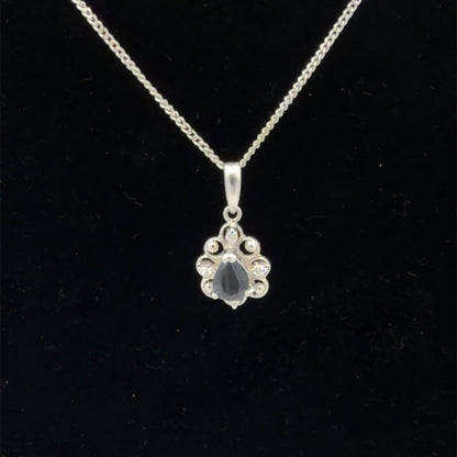Platinum Sapphire & Diamond Pendant Necklace 0.04 CTW Mini Round Blue Halo