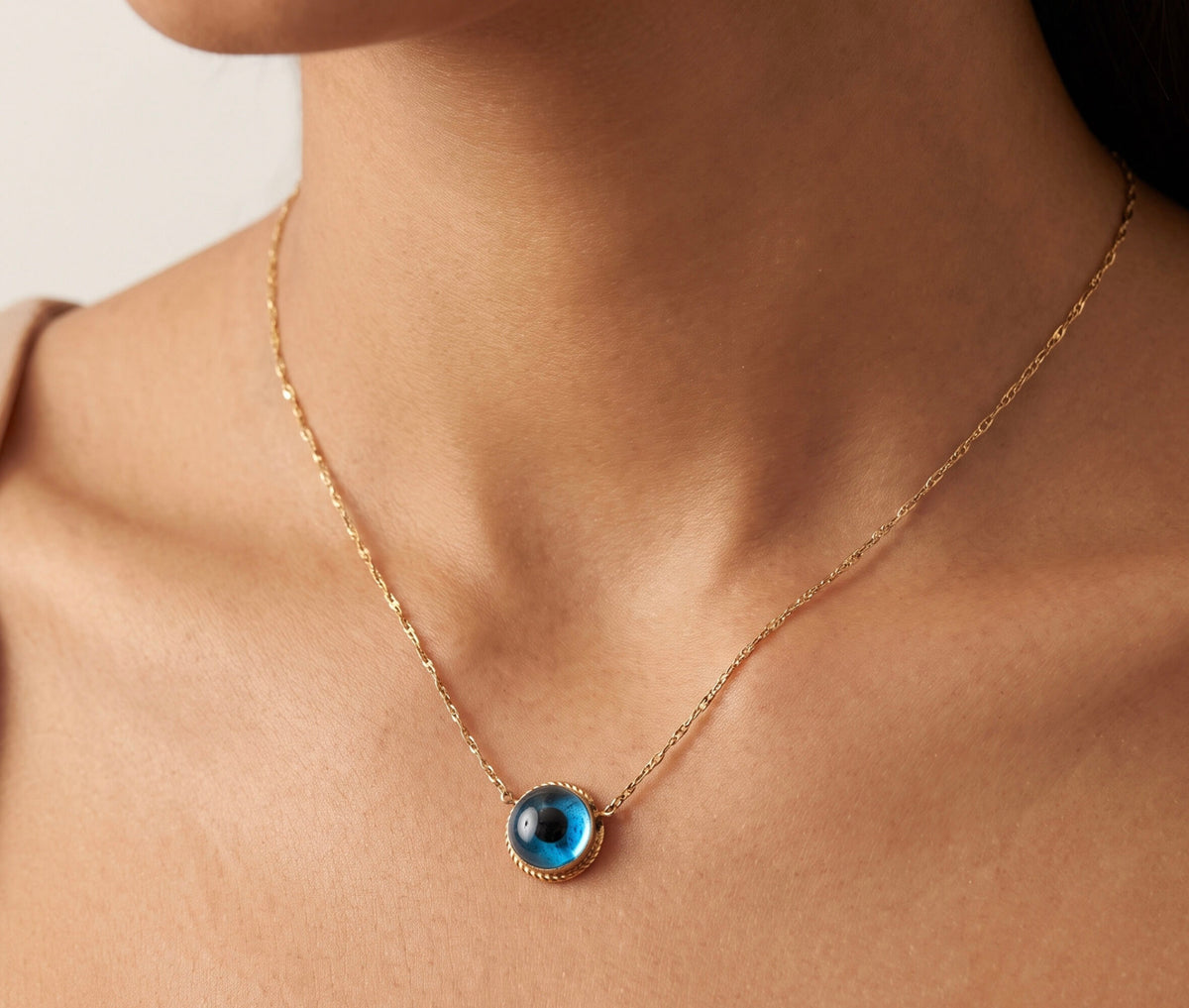 14K Yellow Gold Glass Evil Eye Pendant Necklace, Dainty Charm for Layering