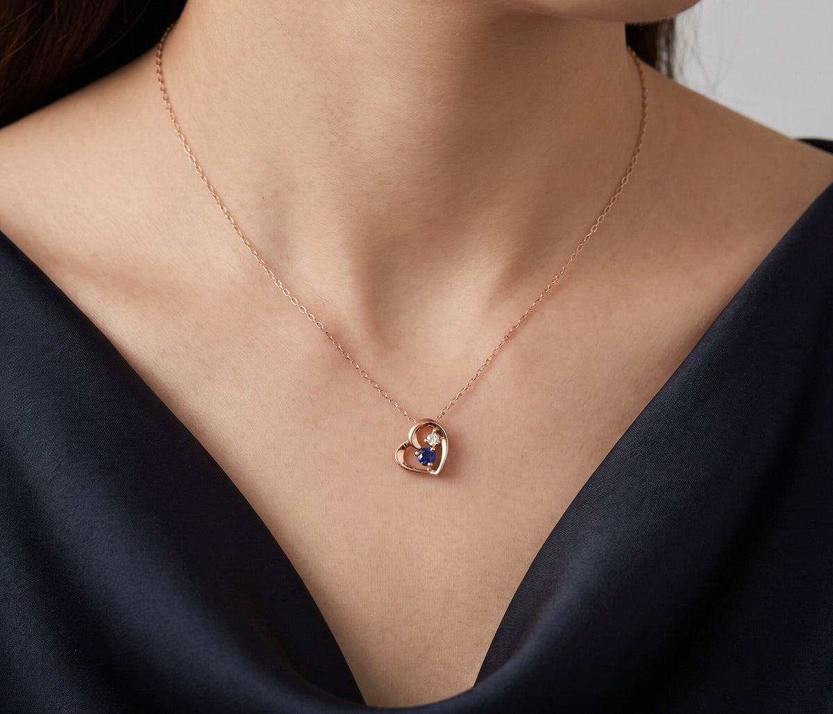 10K Rose Gold Diamond & Sapphire Pendant Necklace, Round Sapphire, 0.04 CTW