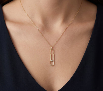 14K Yellow Gold Paperclip Pendant Necklace w/ Accent Diamond