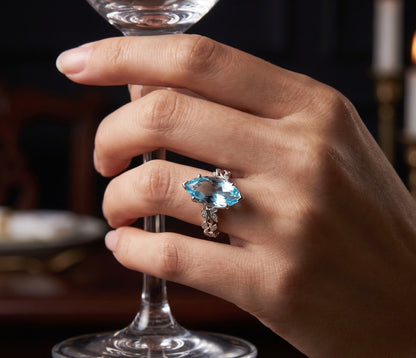 14K White Gold Blue Topaz And Diamond Cocktail Ring, 9.12 CTW, Size 6.5