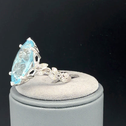 14K White Gold Blue Topaz And Diamond Cocktail Ring, 9.12 CTW, Size 6.5