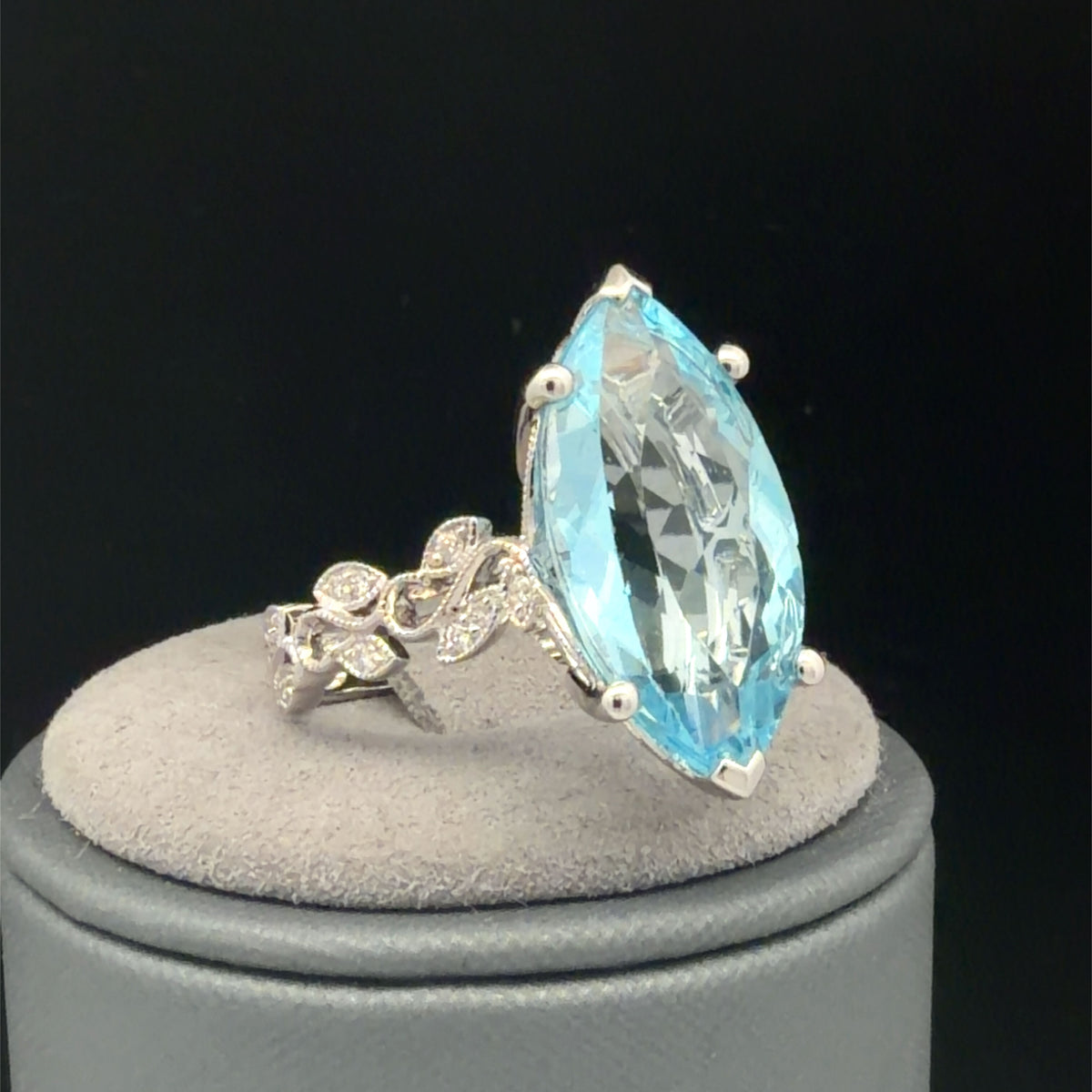 14K White Gold Blue Topaz And Diamond Cocktail Ring, 9.12 CTW, Size 6.5
