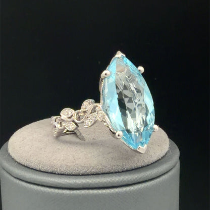 14K White Gold Blue Topaz And Diamond Cocktail Ring, 9.12 CTW, Size 6.5