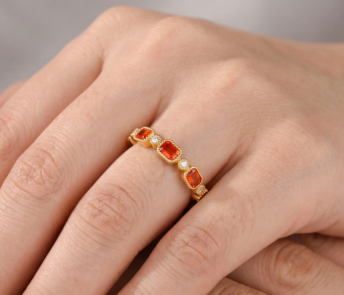 14K Yellow Gold Orange Sapphire And Diamond Band 1.33 CTW Ring Size 6.25