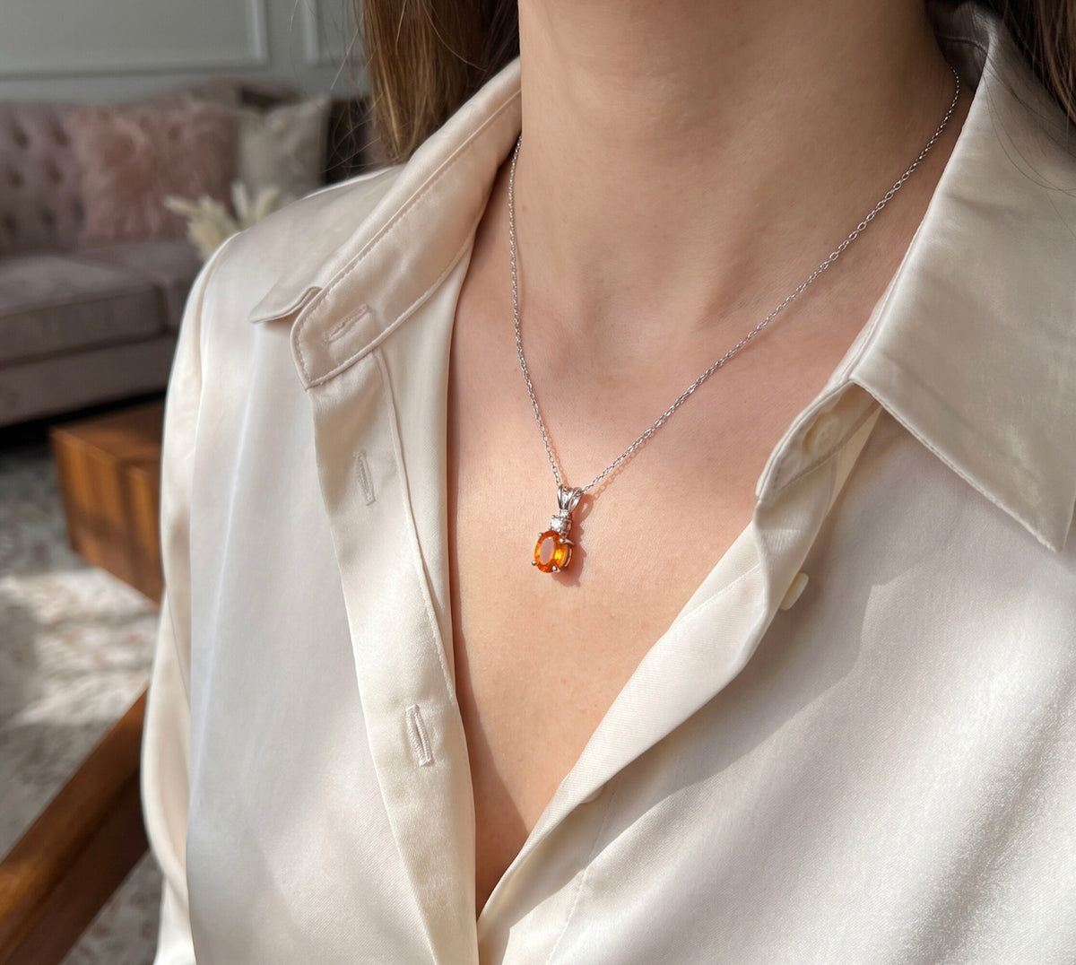 14K White Gold Sapphire And Diamond 1.06 CTW Dainty Pendant Necklace