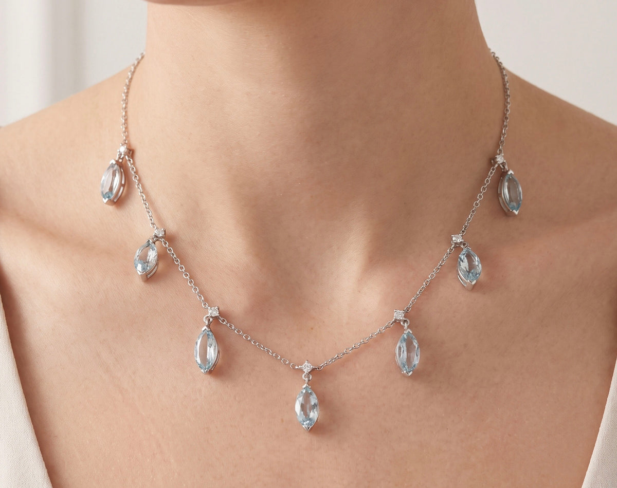 14K White Gold Aquamarine & Diamond 7-Station Necklace 6.25 CTW