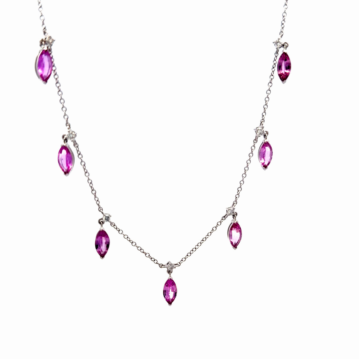 14K White Gold Pink Sapphire And Diamond 7 Station Necklace