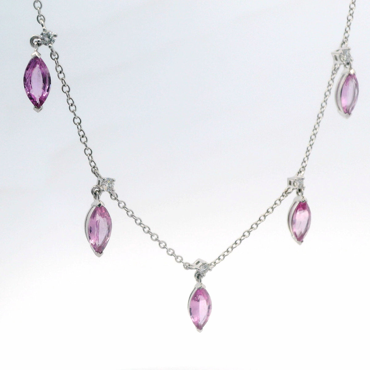 14K White Gold Pink Sapphire And Diamond 7 Station Necklace