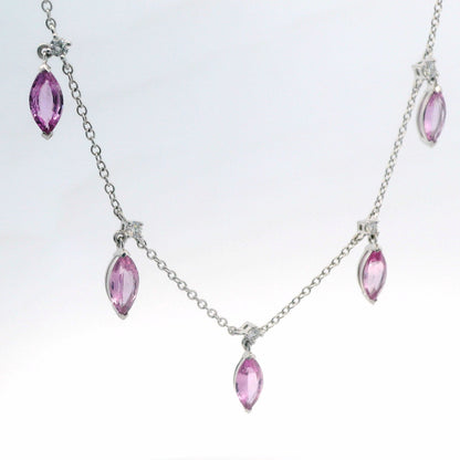 14K White Gold Pink Sapphire And Diamond 7 Station Necklace