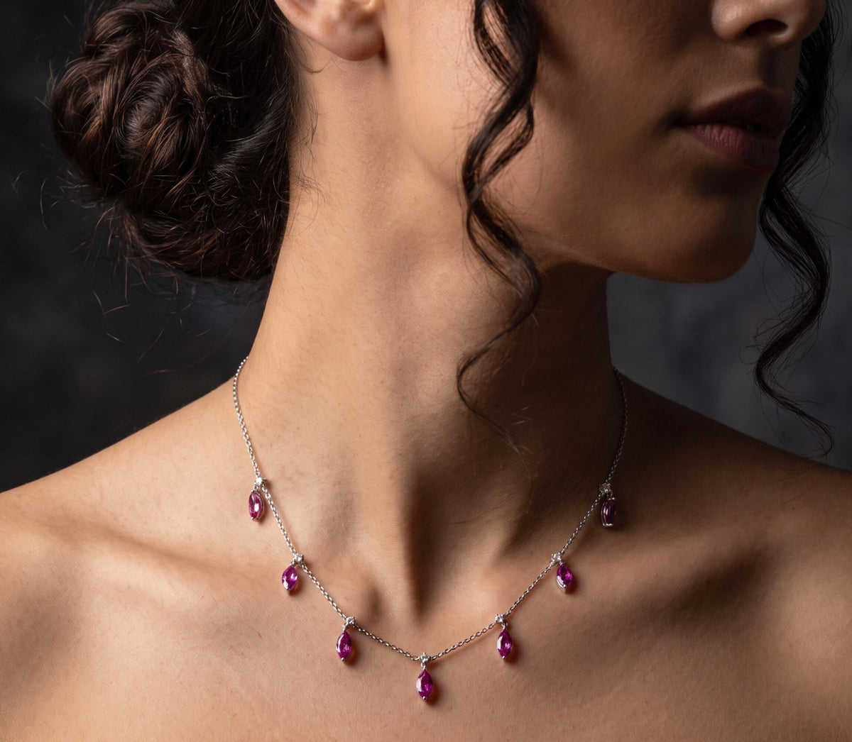14K White Gold Pink Sapphire And Diamond 7 Station Necklace