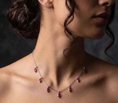 14K White Gold Pink Sapphire And Diamond 7 Station Necklace