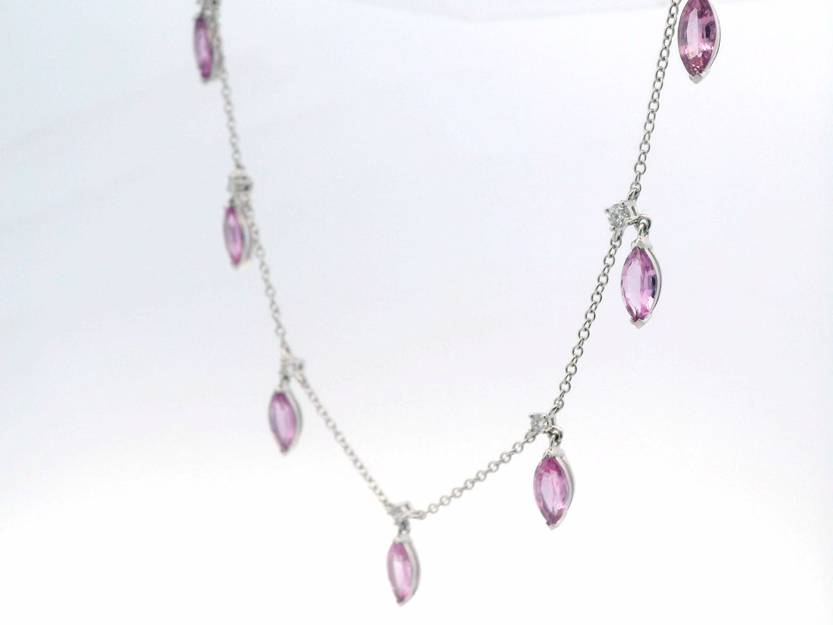 14K White Gold Pink Sapphire And Diamond 7 Station Necklace