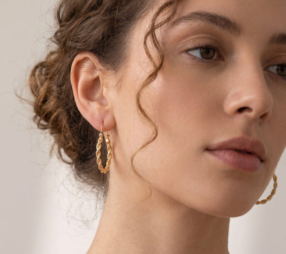 14K Yellow Gold Rope Hoop Earrings, Twisted Textured Everyday Classic Hoops