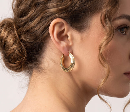 14K Yellow Gold Greek Style Hoop Earrings - Greek Key Design, Classic Hoops