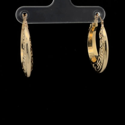 14K Yellow Gold Greek Style Hoop Earrings - Greek Key Design, Classic Hoops