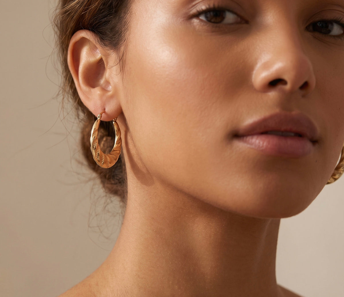 14K Yellow Gold Twist Pattern Hoop Earrings, Small Textured Everyday Style