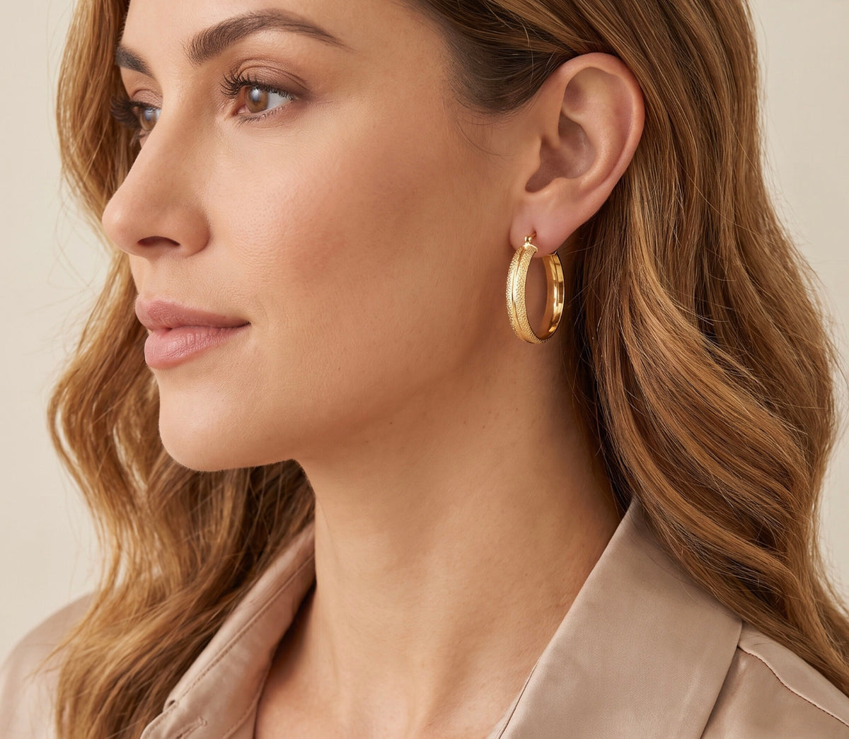 18K Yellow Gold Textured Hoop Earrings, Classic Everyday Hoops, Minimalist
